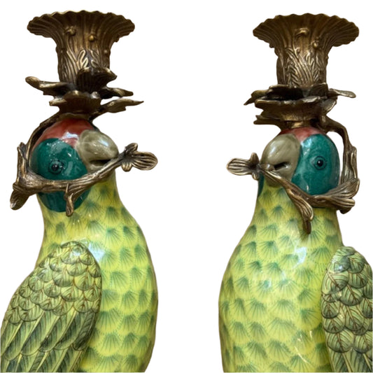 A Pair Of Ceramic and Bronze Parrot Wall Sconces