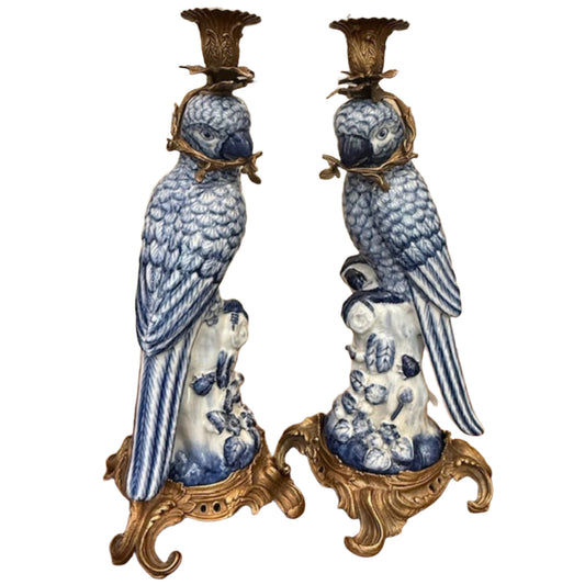A Pair of Blue & White Porcelain Parrot Candlesticks