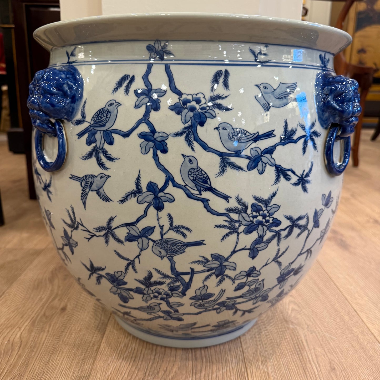 Blue & White XL Floral Planter With Birds