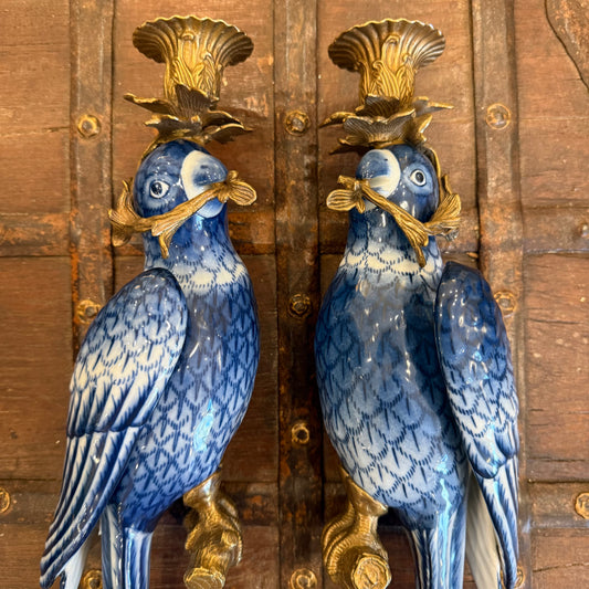 A Pair Of Ceramic and Bronze Parrot Wall Sconces