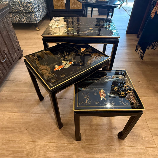 Oriental Chinoiserie Black Lacquer Nest of Tables
