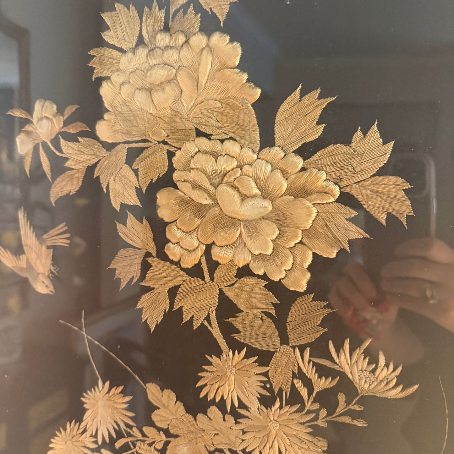 Antique Highly Carved Oriental Fire Screen with Hand Embroidery