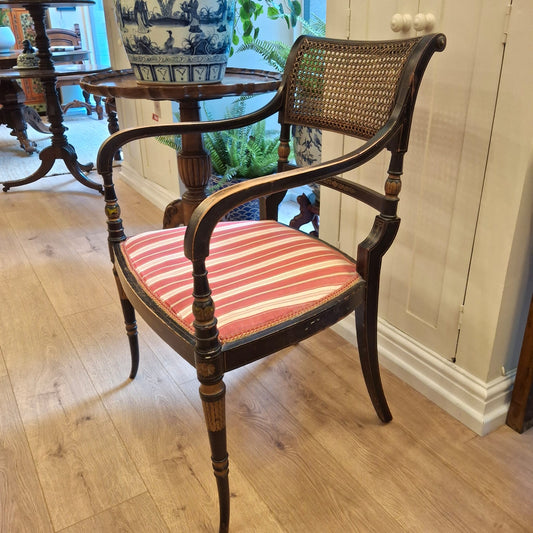 Regency‑Style Armchair with Cane Back and Striped Seat
