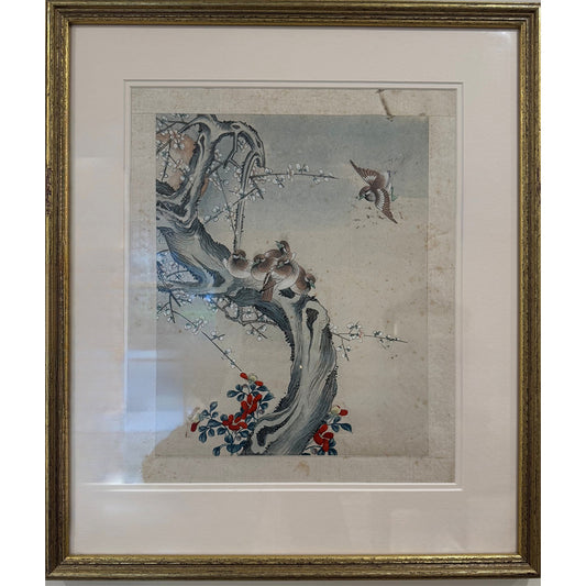 Framed Watercolour Paintings of Birds and Blossoming Trees