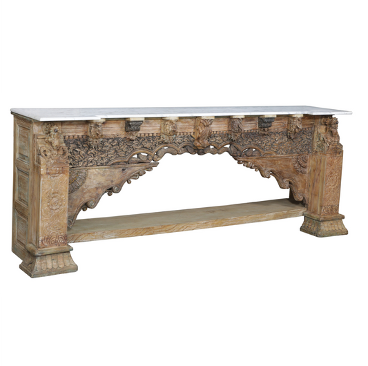 Hand Carved Indian Console Table With White Mable Top