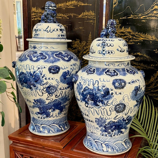 Jingdezhen Hand-Painted Blue & White Lion Temple Jar 65cm