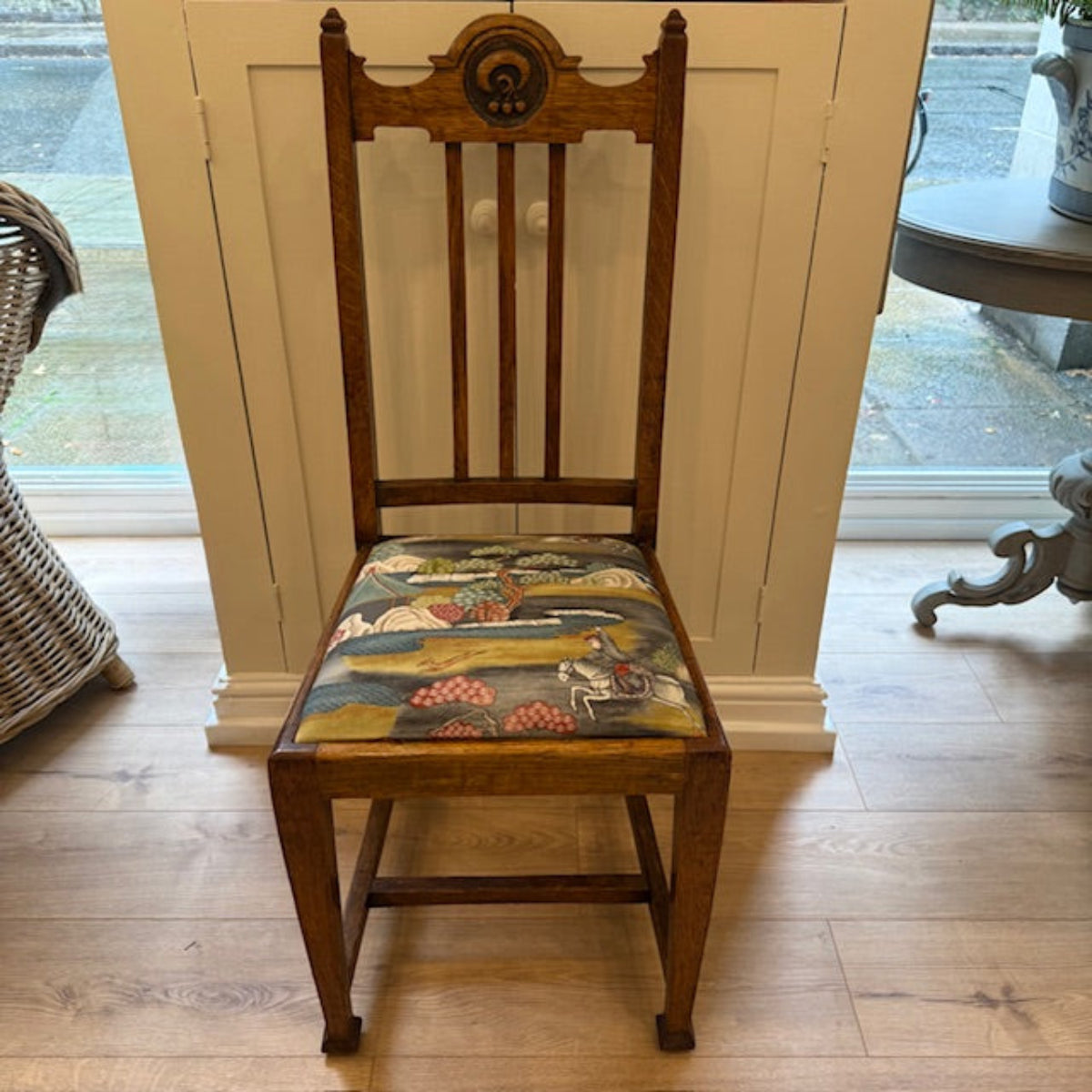 Set Of Four Oak Chairs With Individual Scenic Woven Seats