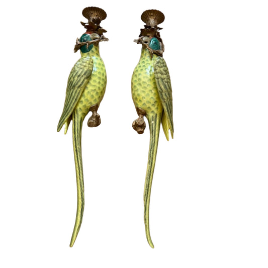 A Pair Of Ceramic and Bronze Parrot Wall Sconces