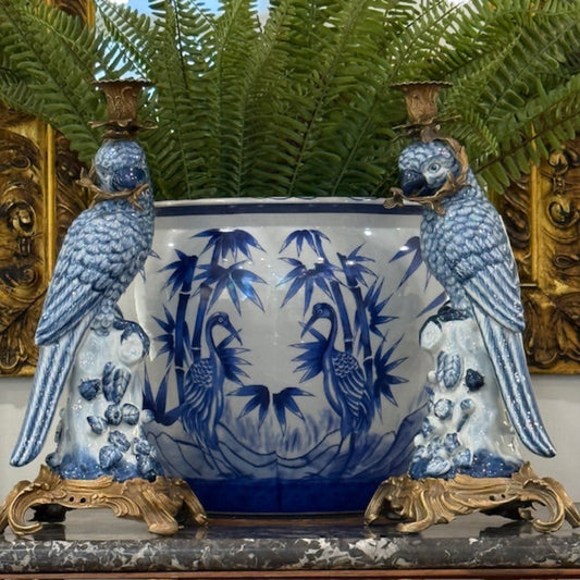 A Pair of Blue & White Porcelain Parrot Candlesticks