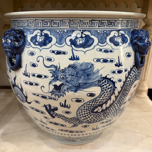 Jingdezhen Hand-Painted Blue & White XL Dragon Planter