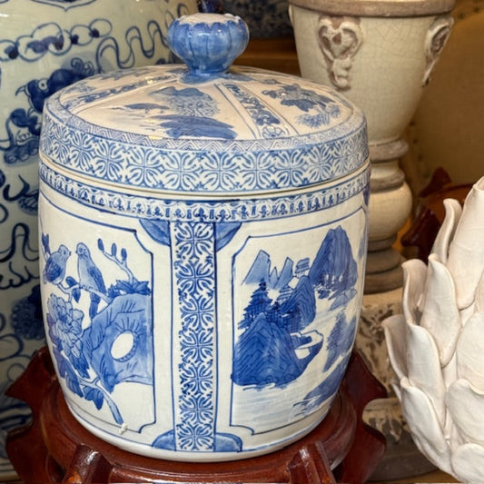 Blue & White Ceramic Lidded Barrel