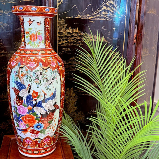 Tall Oriental Vase With Cranes