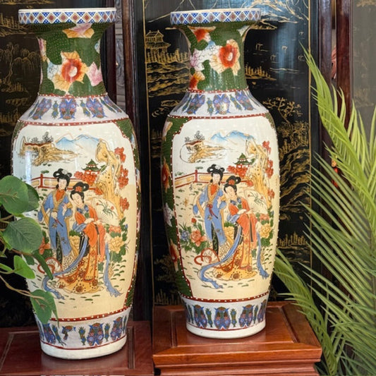 Pair Of Tall Green Oriental Vases