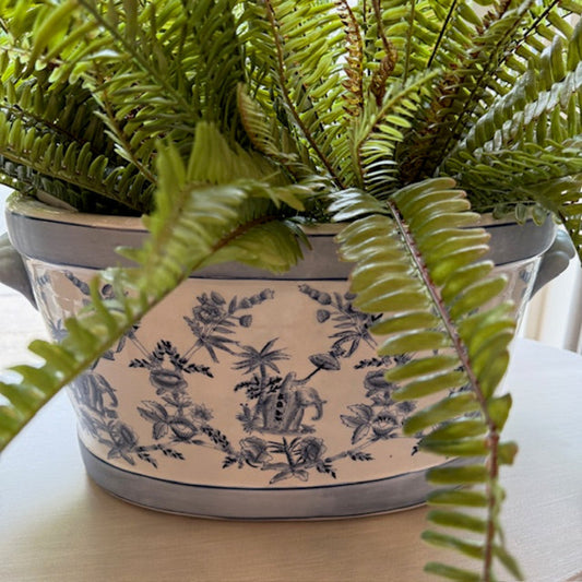 XL Oval Ceramic Blue And White Elephant Cache Pot