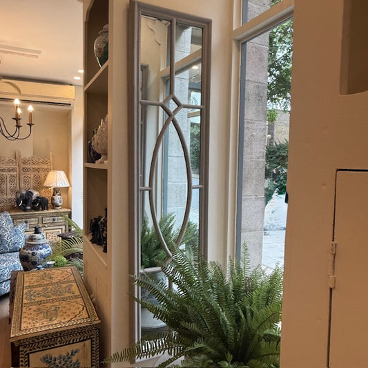 Tall Painted Grey Mirror With Geometric Panel Detailing
