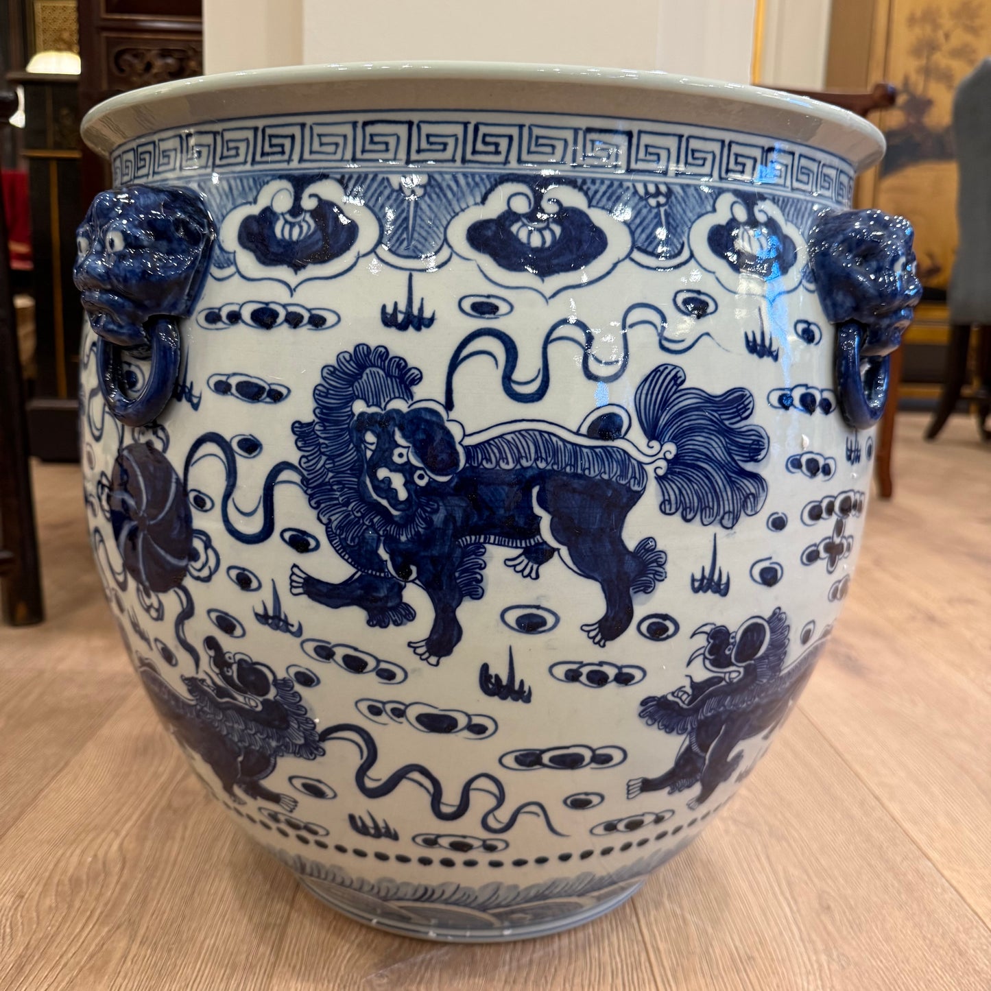 Blue & White XL Floral Lion Planter