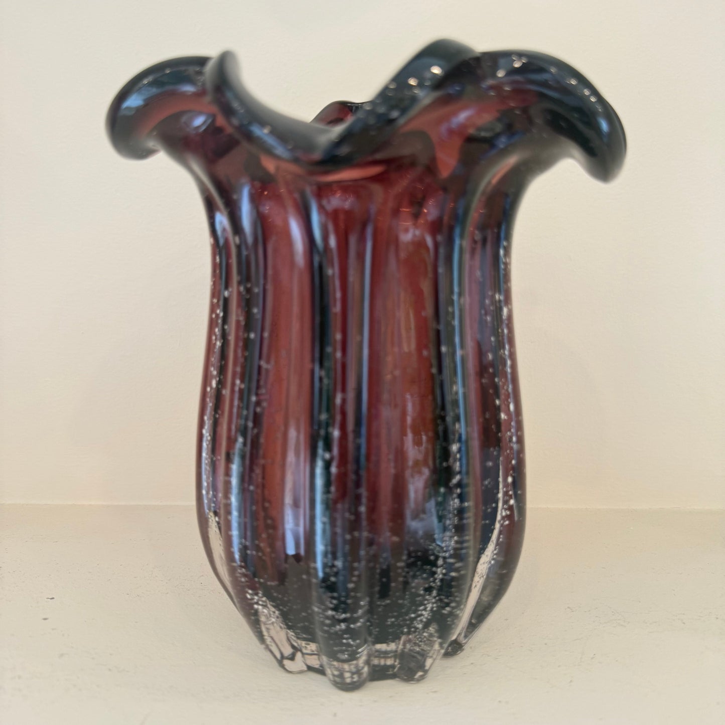 Vintage Deep Amethyst Ribbed Czech Art Glass Vase