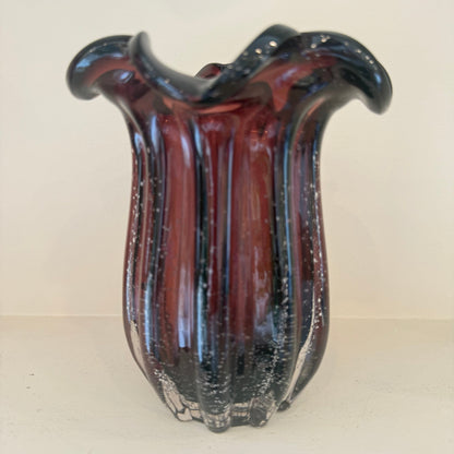 Vintage Deep Amethyst Ribbed Czech Art Glass Vase