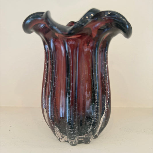 Vintage Deep Amethyst Ribbed Czech Art Glass Vase
