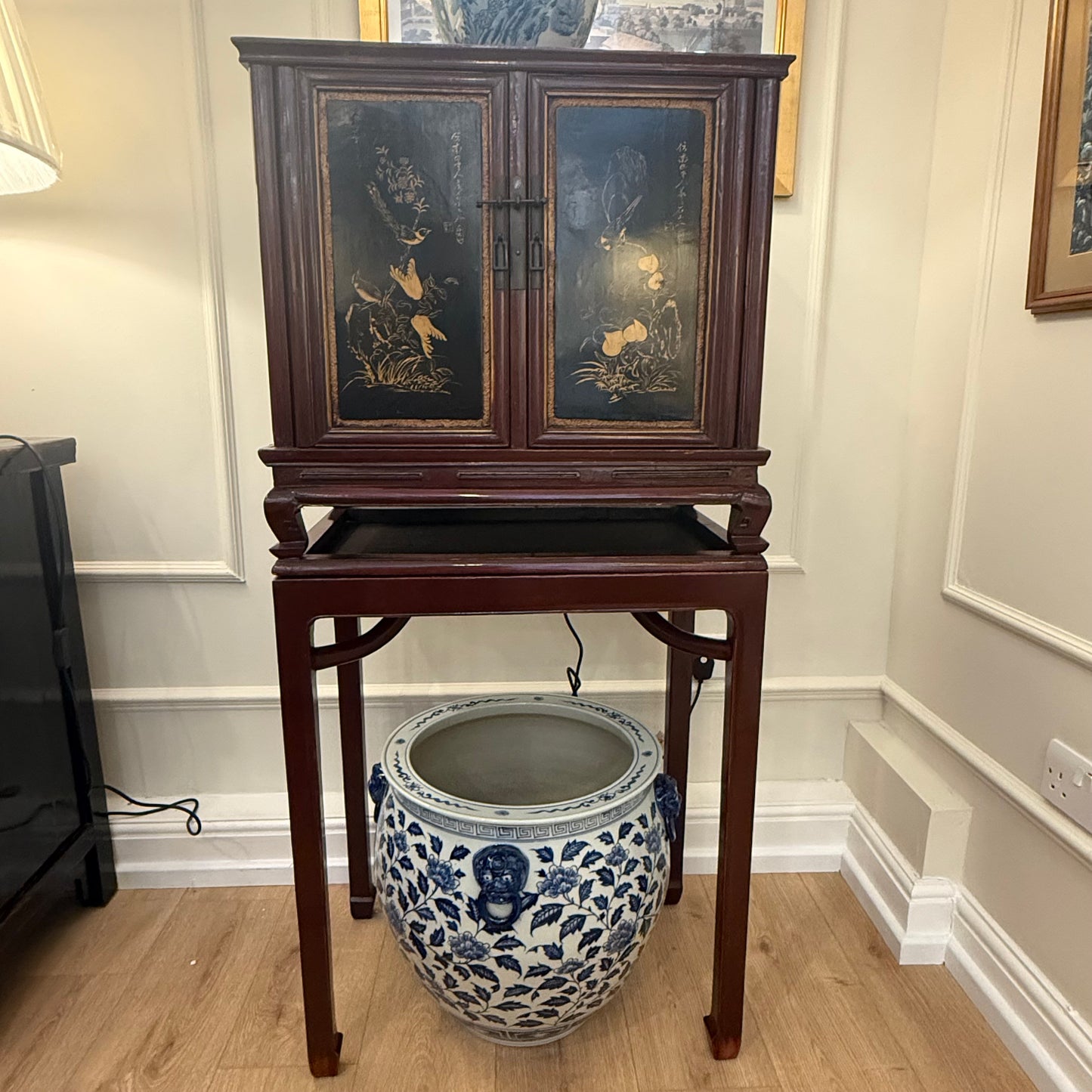 Pair of Antique Chinoiserie Black Lacquer Cabinets on Stands