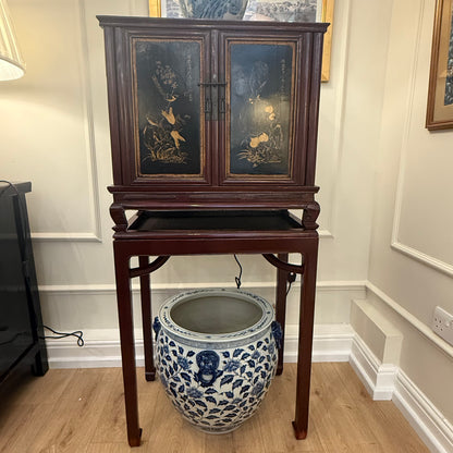 Pair of Antique Chinoiserie Black Lacquer Cabinets on Stands