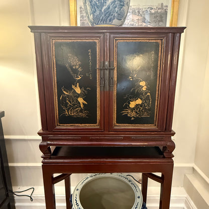 Pair of Antique Chinoiserie Black Lacquer Cabinets on Stands