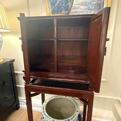Pair of Antique Chinoiserie Black Lacquer Cabinets on Stands
