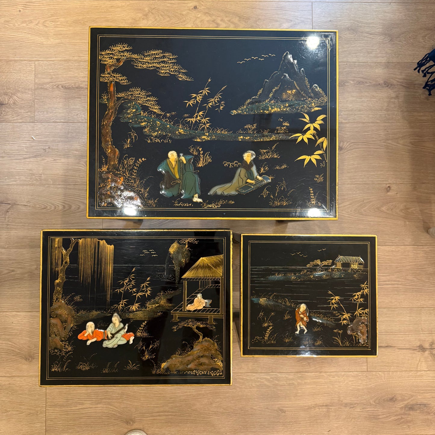 Oriental Chinoiserie Black Lacquer Nest of Tables