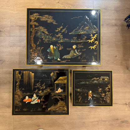 Oriental Chinoiserie Black Lacquer Nest of Tables
