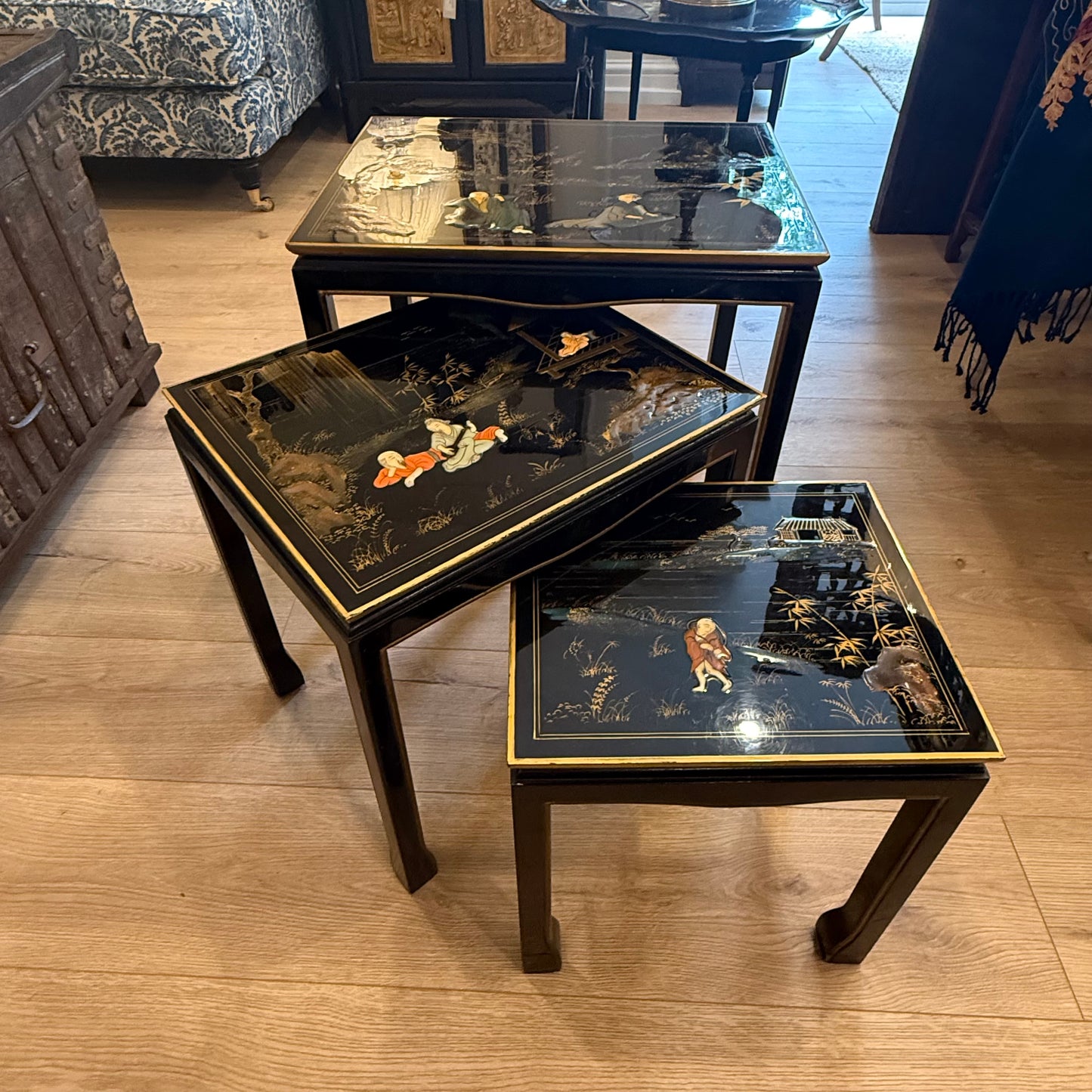 Oriental Chinoiserie Black Lacquer Nest of Tables