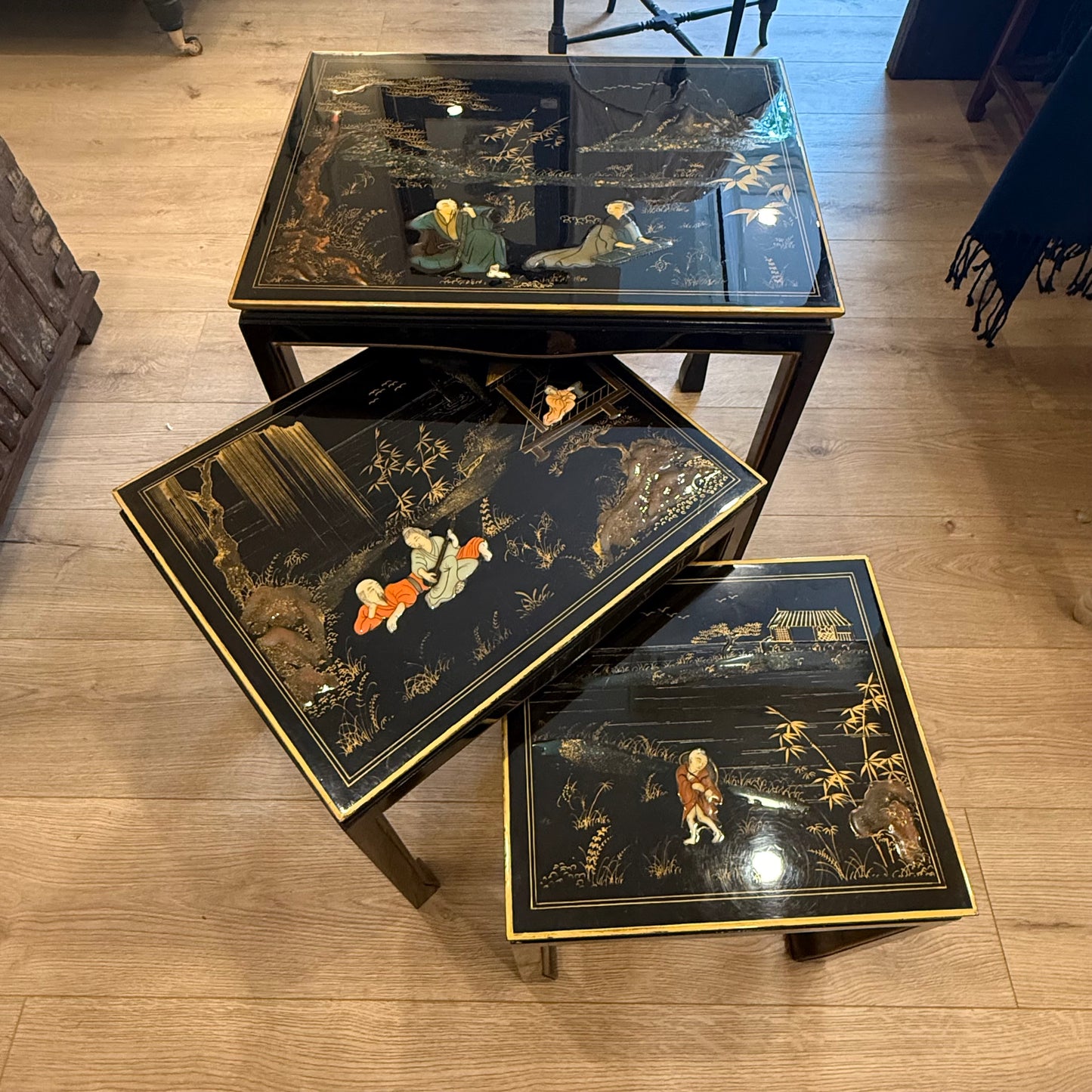 Oriental Chinoiserie Black Lacquer Nest of Tables