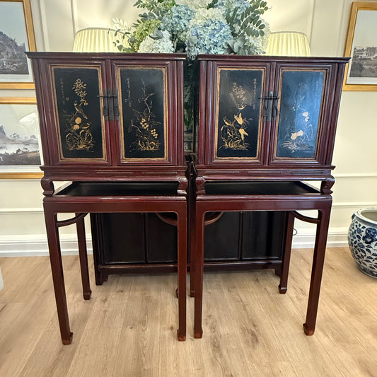 Pair of Antique Chinoiserie Black Lacquer Cabinets on Stands