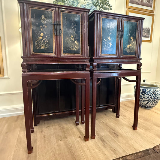 Pair of Antique Chinoiserie Black Lacquer Cabinets on Stands