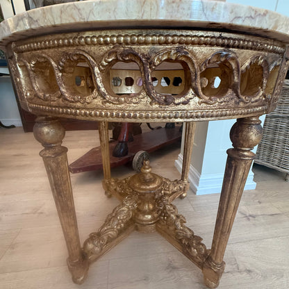 Ornate Round Gilt Accent Table with Marble Top