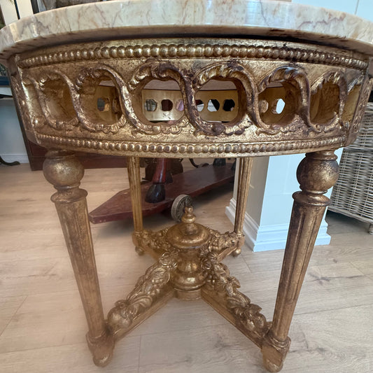 Ornate Round Gilt Accent Table with Marble Top