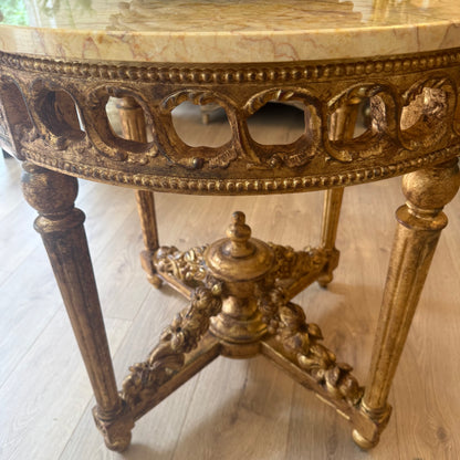 Ornate Round Gilt Accent Table with Marble Top