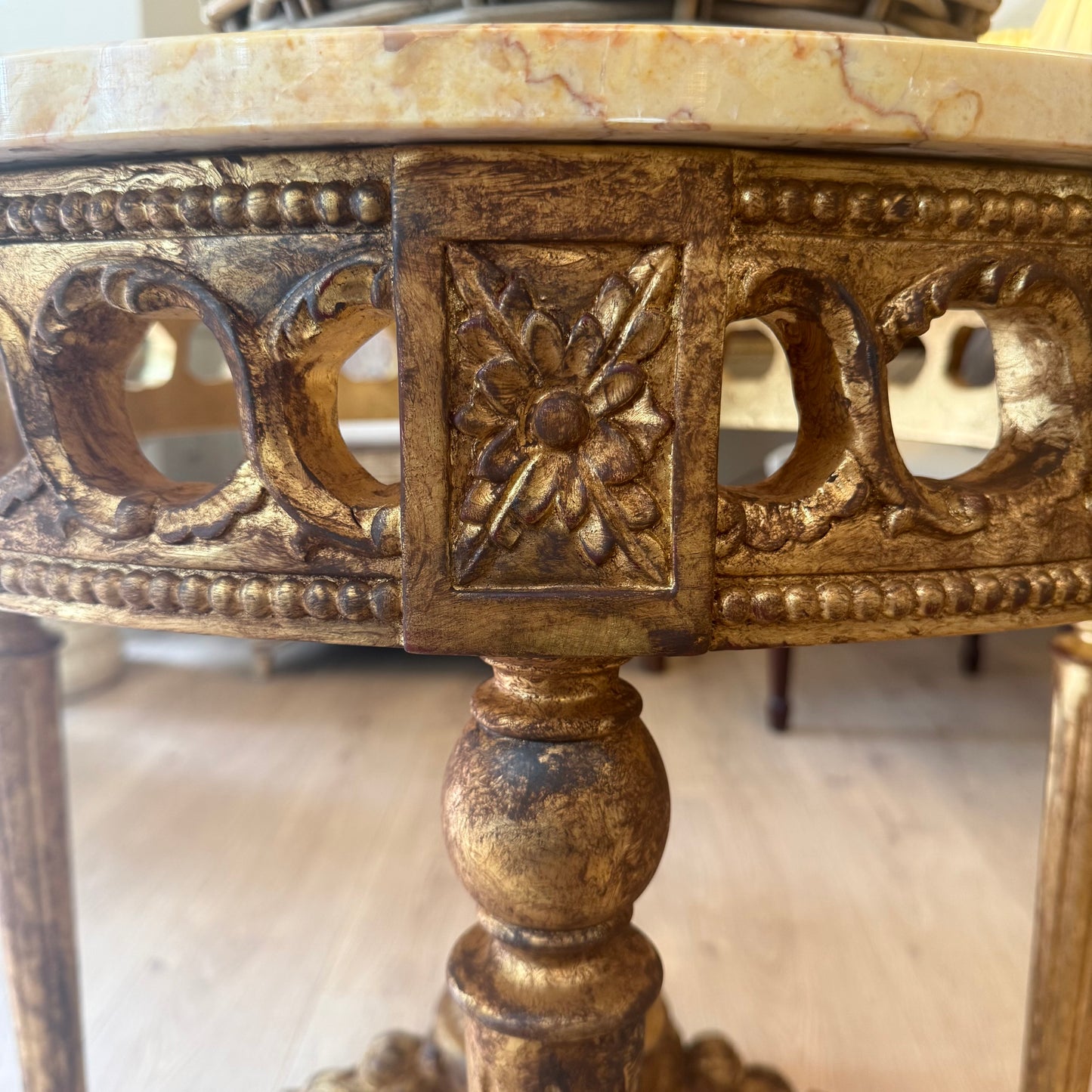 Ornate Round Gilt Accent Table with Marble Top