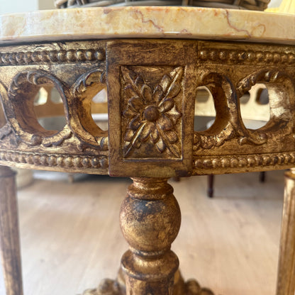 Ornate Round Gilt Accent Table with Marble Top