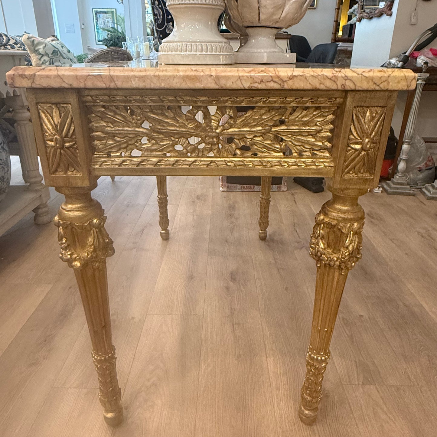 Gilt Center Table with Pierced Frieze and Marble Top