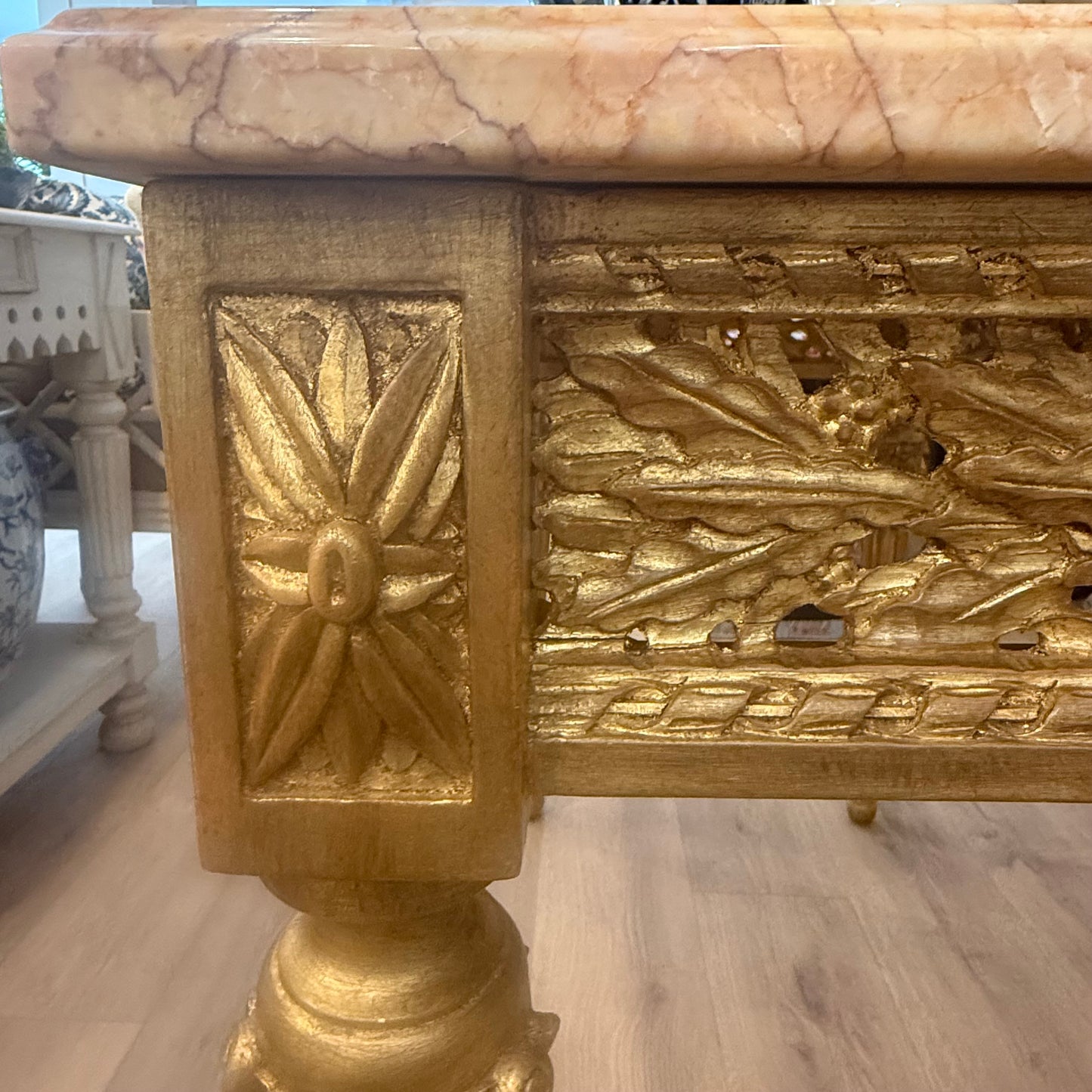 Gilt Center Table with Pierced Frieze and Marble Top