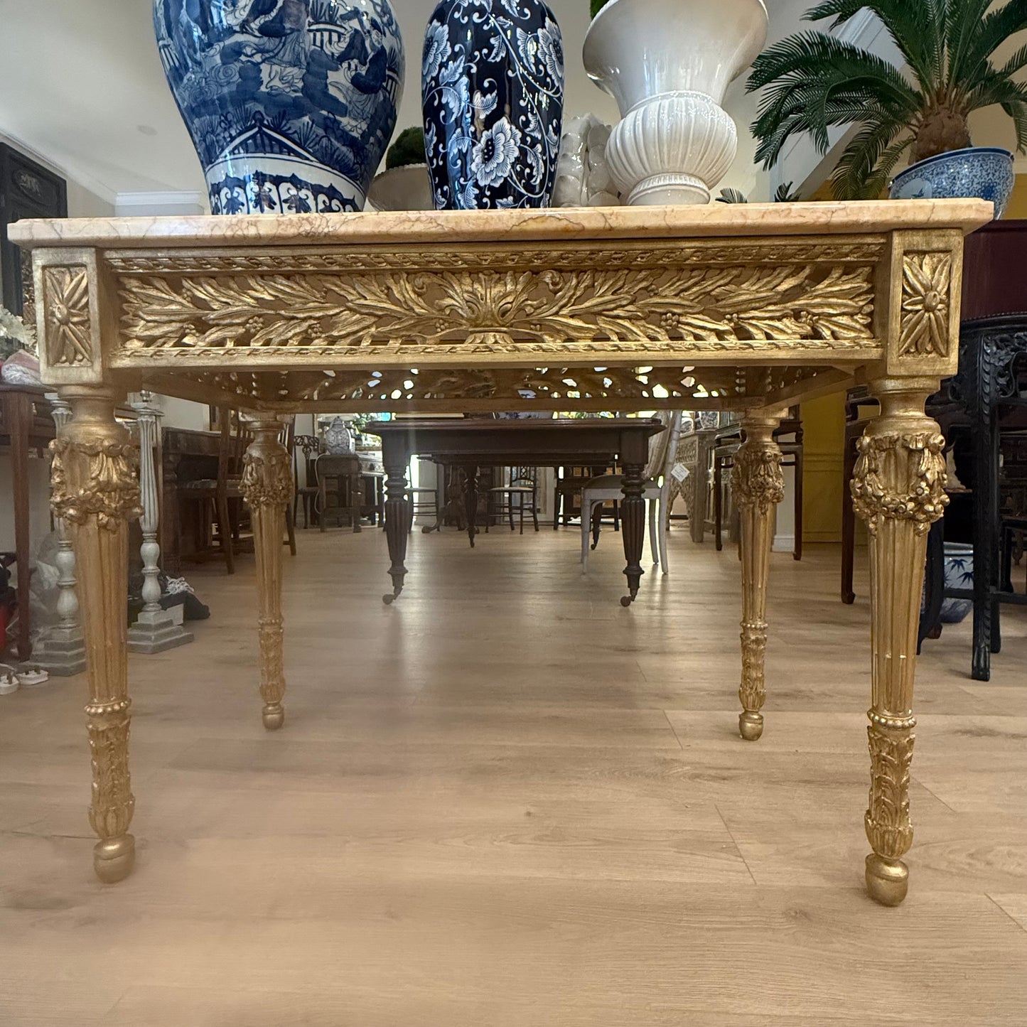 Gilt Center Table with Pierced Frieze and Marble Top