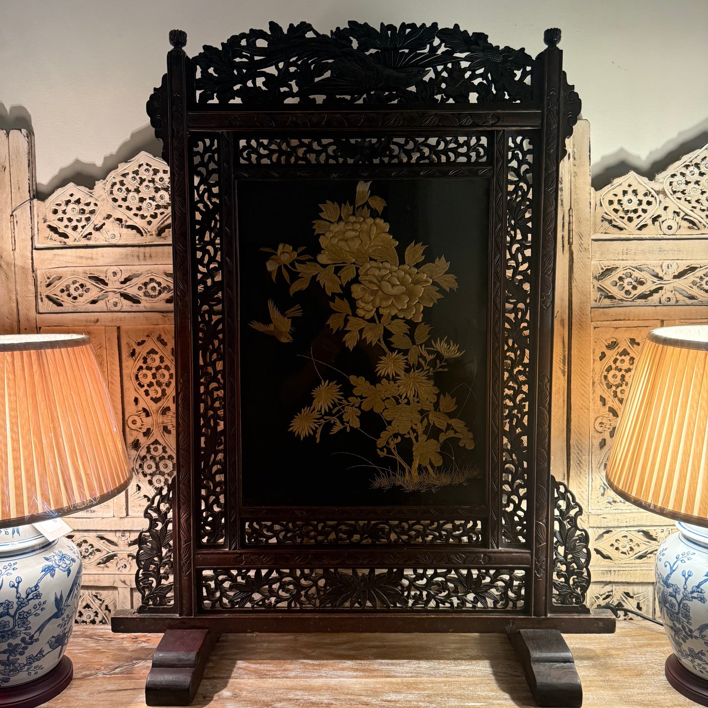 Antique Highly Carved Oriental Fire Screen with Hand Embroidery