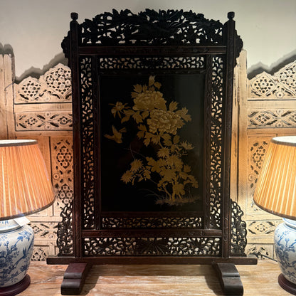 Antique Highly Carved Oriental Fire Screen with Hand Embroidery