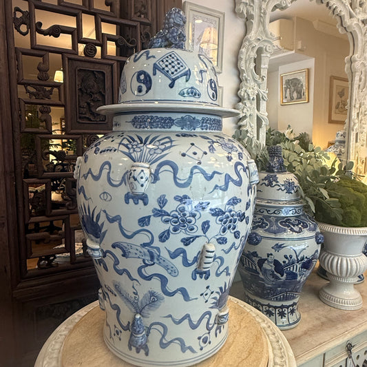 Jingdezhen Hand-Painted Blue & White Temple Jar