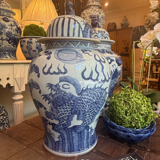 Jingdezhen Hand-Painted Blue & White Tiger Temple Jar