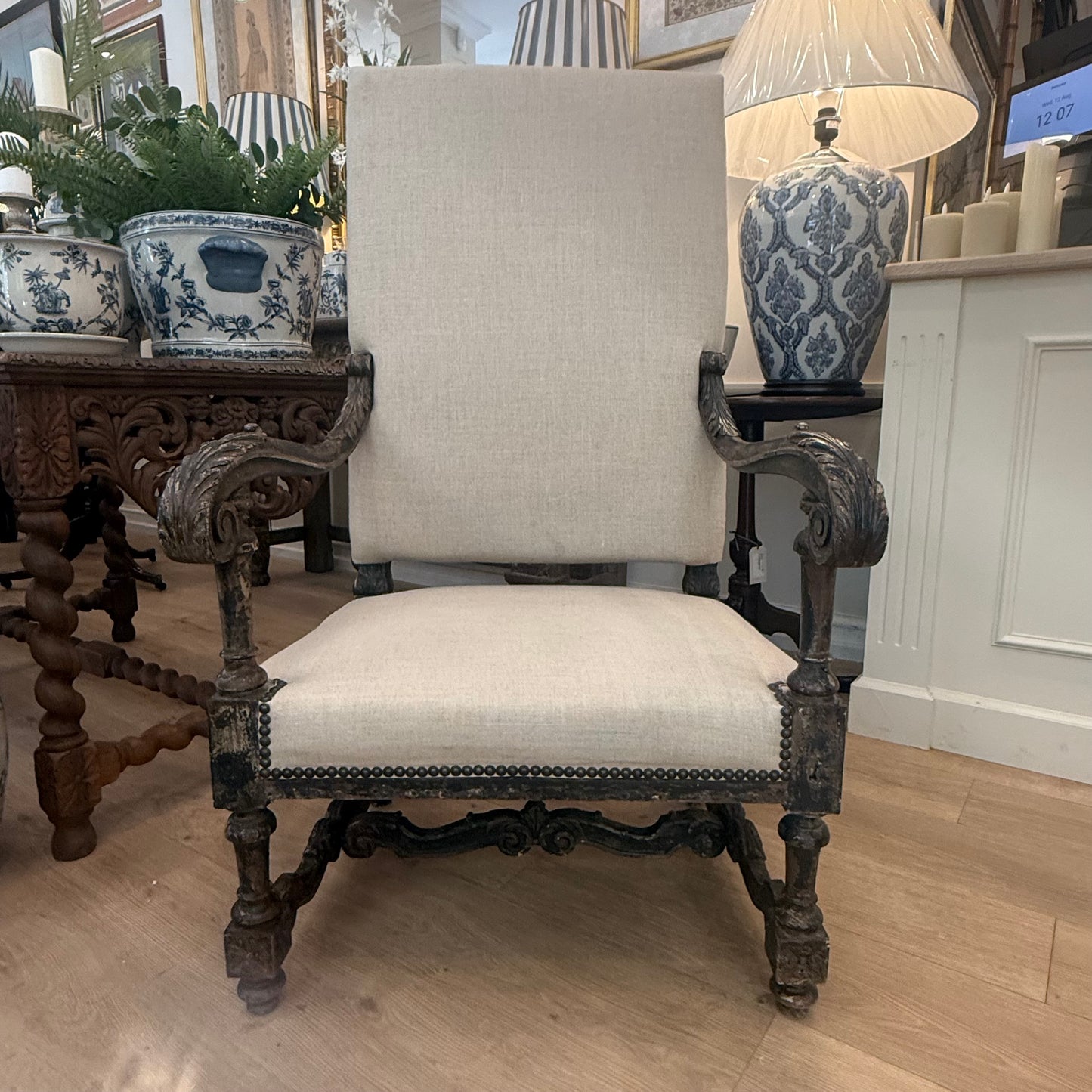A Pair of English High Back Carved Walnut Armchairs