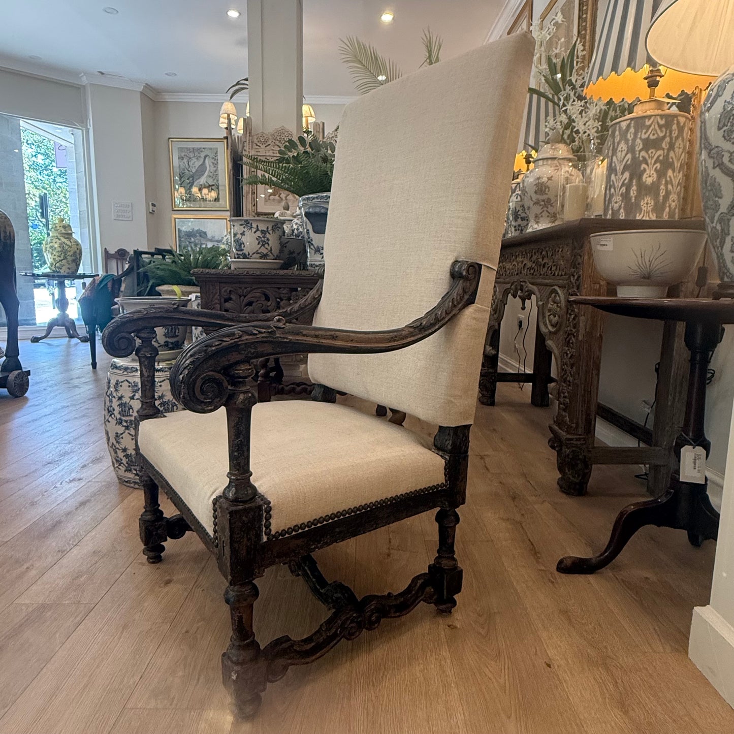 A Pair of English High Back Carved Walnut Armchairs