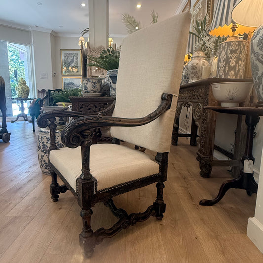A Pair of English High Back Carved Walnut Armchairs
