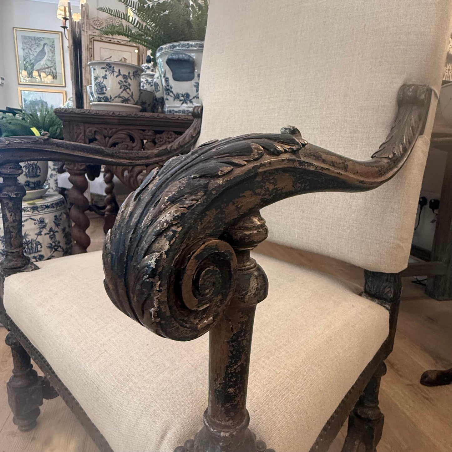 A Pair of English High Back Carved Walnut Armchairs