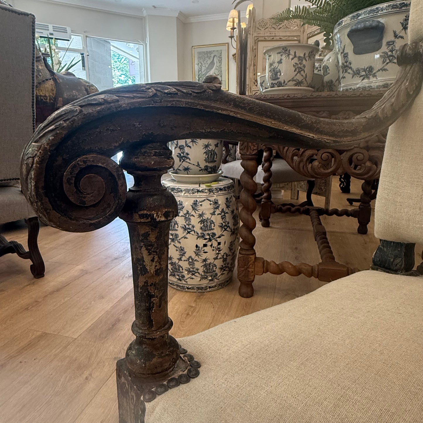 A Pair of English High Back Carved Walnut Armchairs